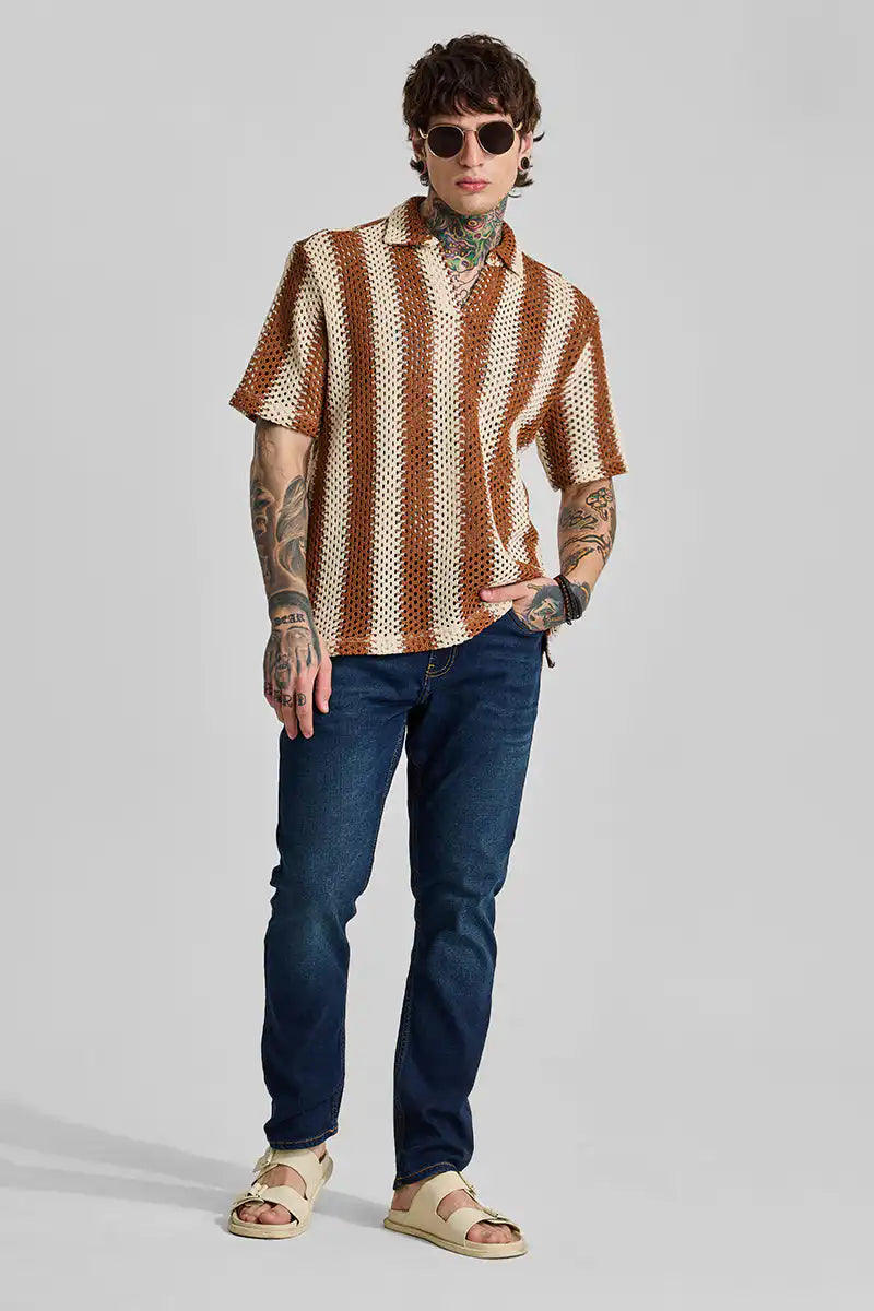 Brown Stripes Box Fit Crochet T-Shirt