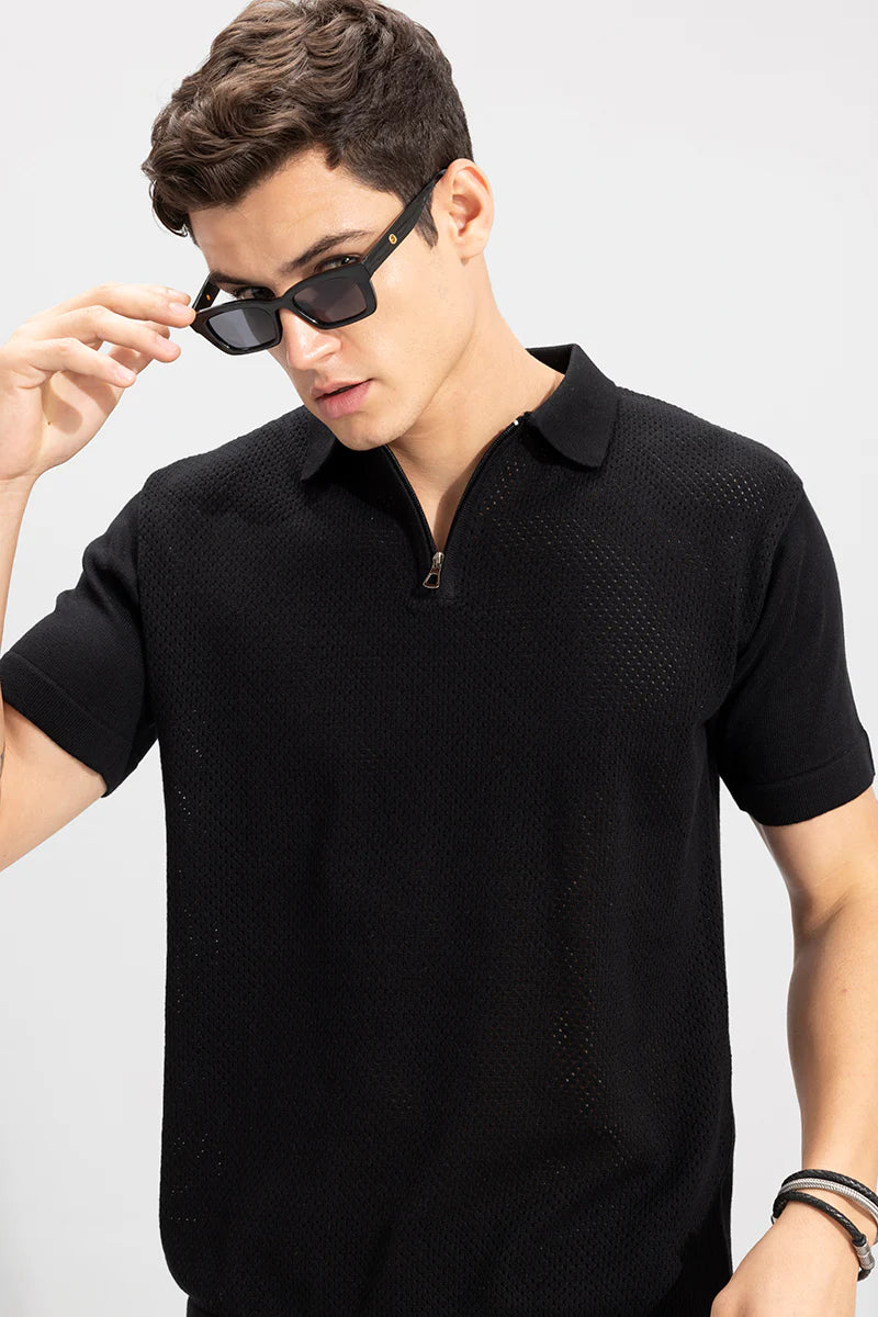 Men's Mesh Knit Black Polo T-Shirt