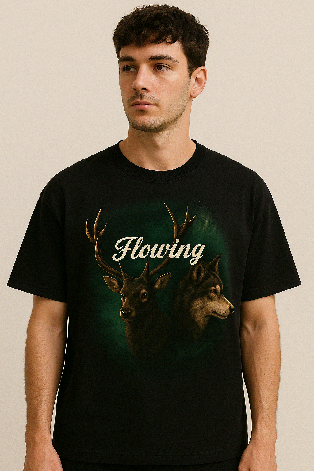 Wild Harmony: Oversized Black Graphic Tee