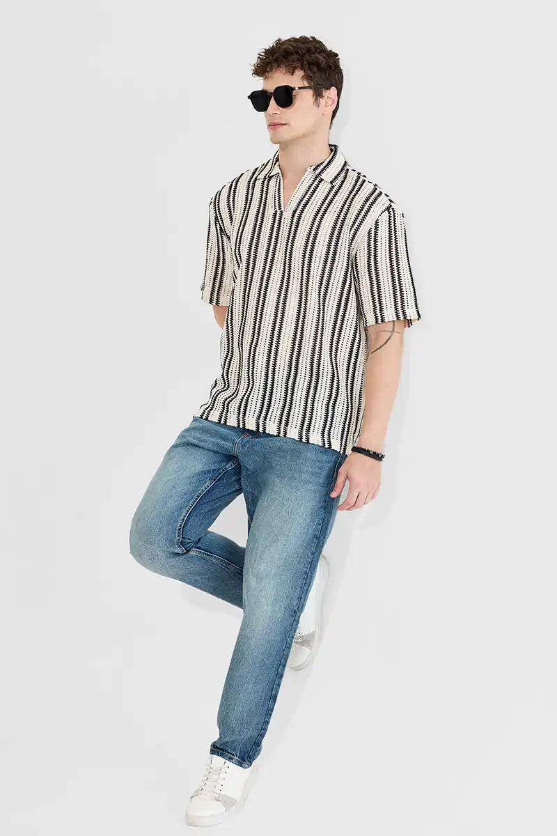 Cream Textured Polo Box Fit Crochet T-Shirt