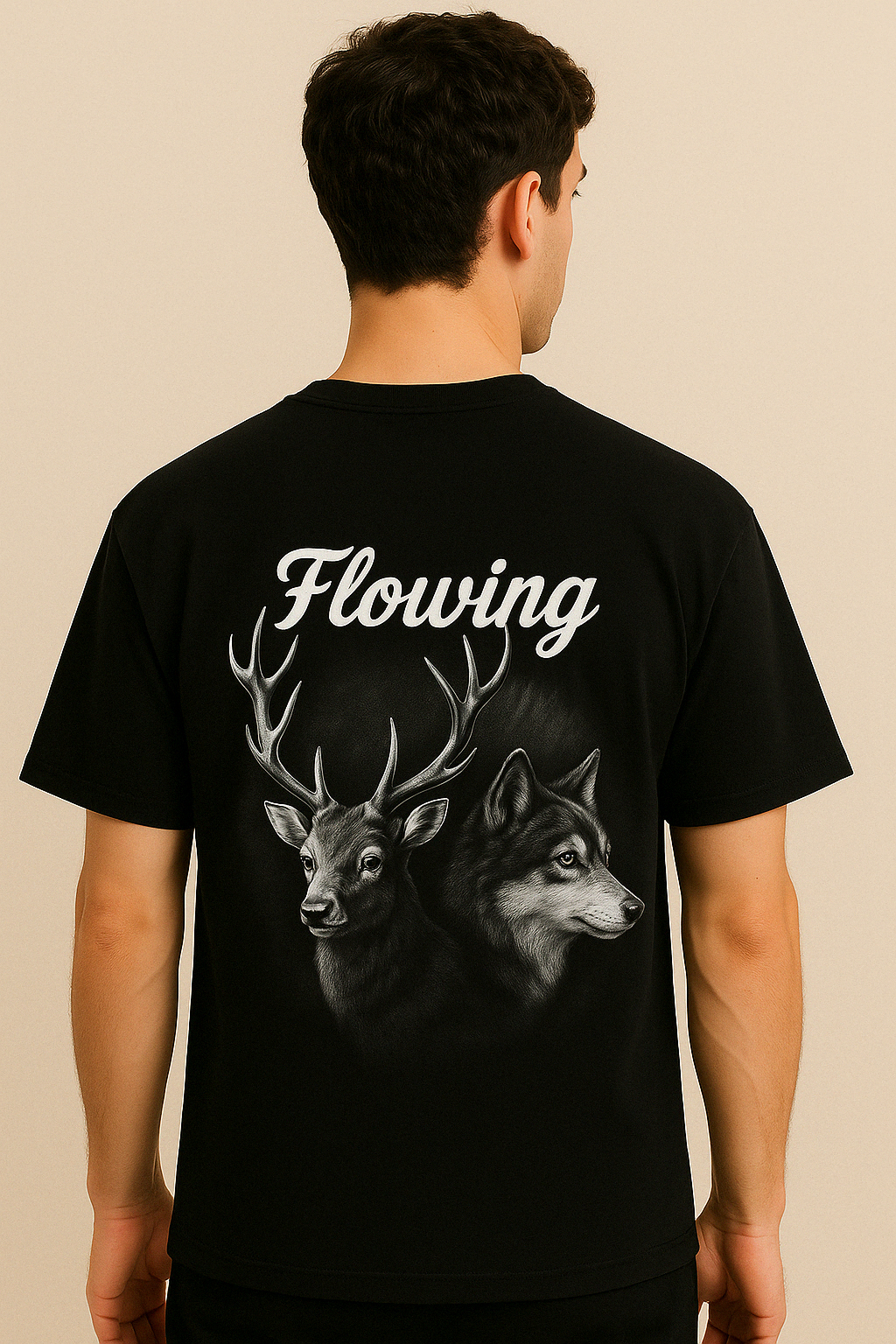 Wild Harmony: Oversized Black Graphic Tee